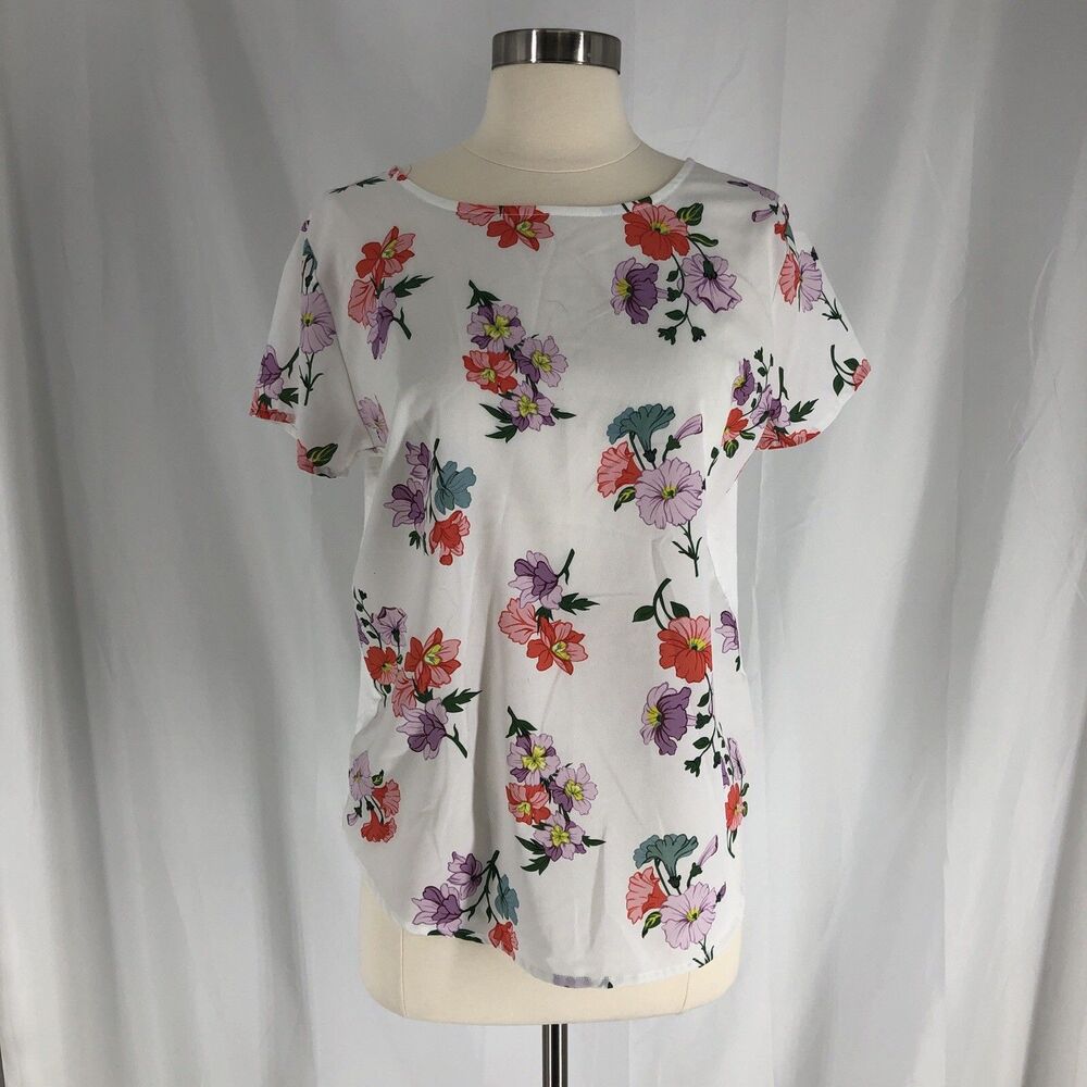 Ann Taylor Factory Floral Short Sleeve Knit Top Womens Medium White